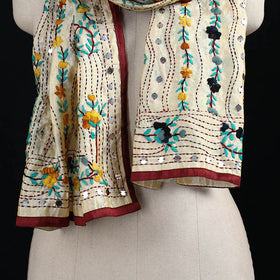 Beige - Ranihati Chanderi Silk Hand Embroidered Stole 135