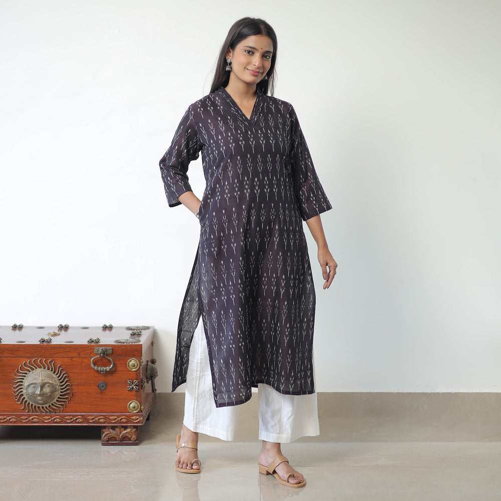 Black - Mercerised Cotton Pochampally Ikat Kurta (Straight) 16