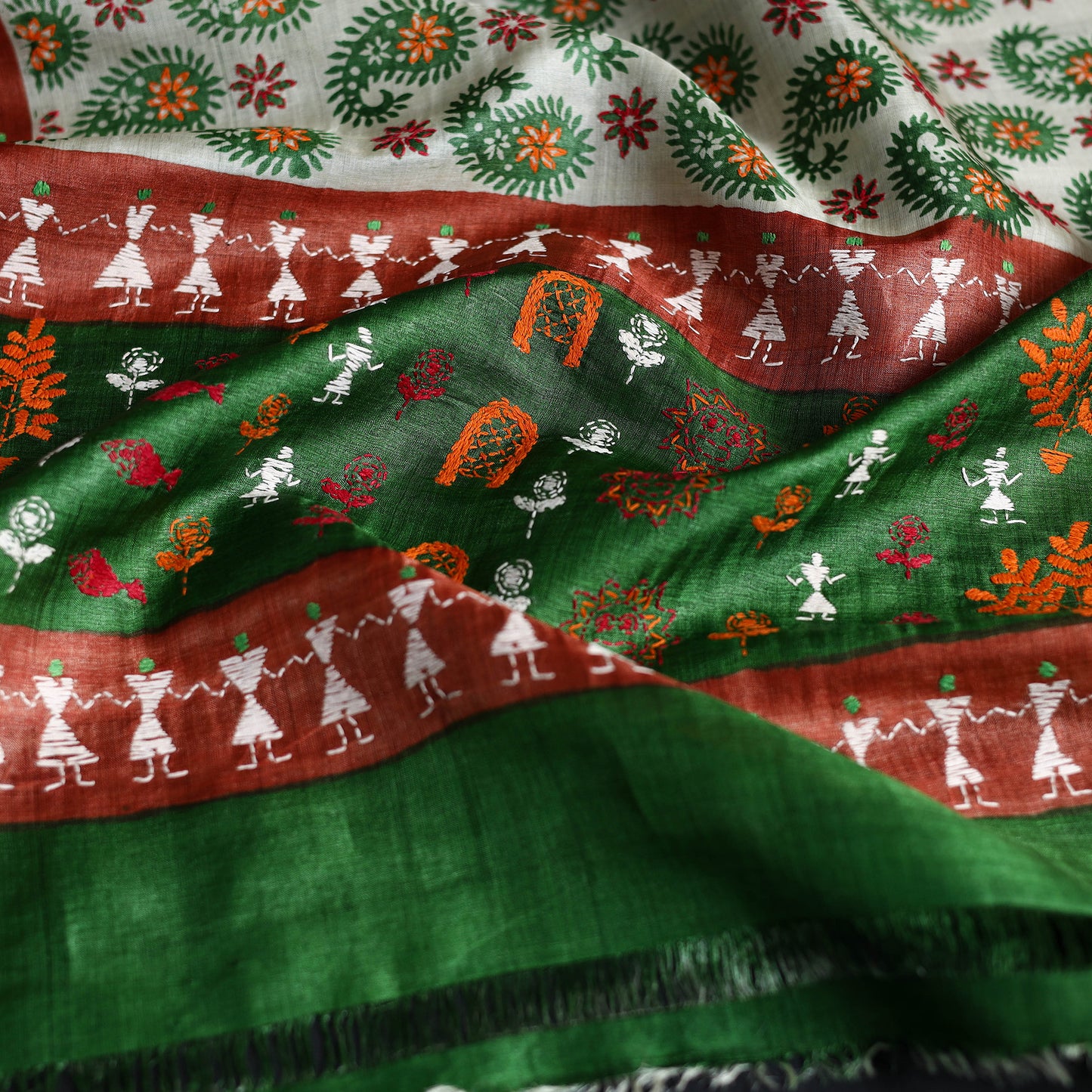 Green - Handloom Tussar Silk Bengal Kantha Work Stole 44