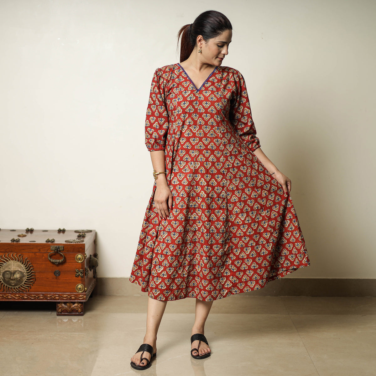 Red - Bagru Block Printed Cotton Flared Dress 04