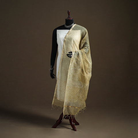 Yellow - Pipad Hand Block Print Natural Dyed Kota Doria Cotton Dupatta 27
