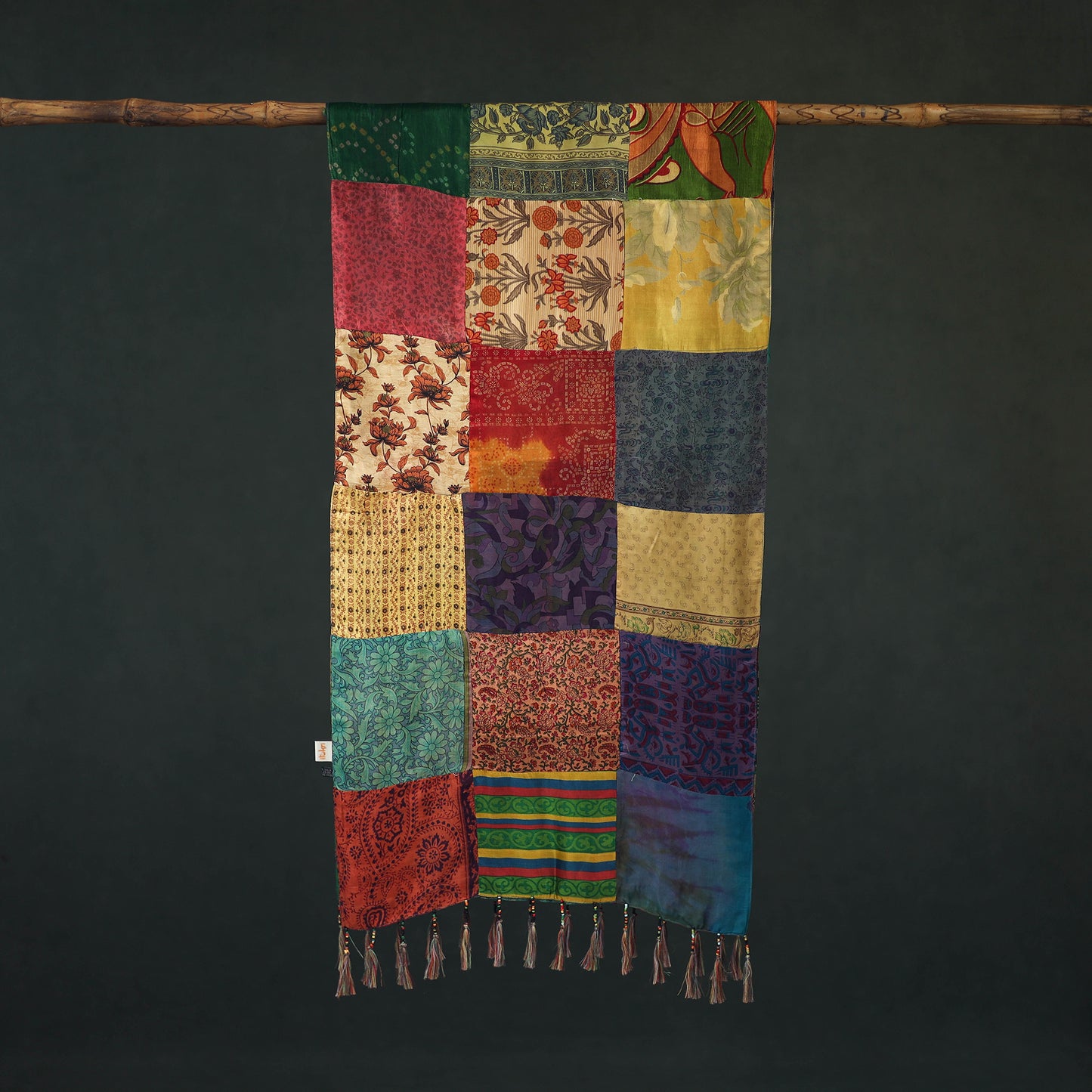 Pure Silk Reversible Patchwork Stole with Tassels 30
