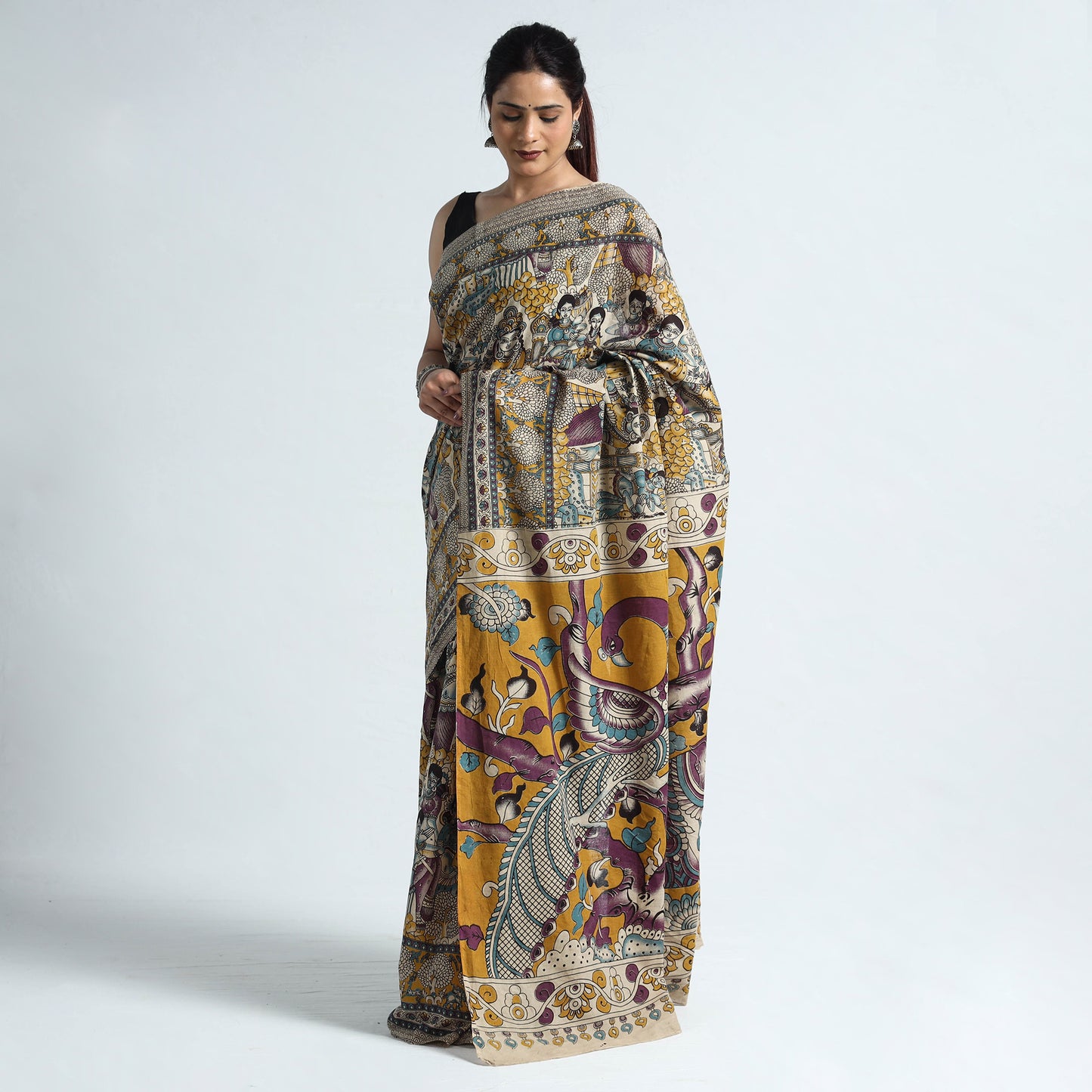 Multicolor - Nellore Kalamkari Printed Cotton Saree with Blouse Piece 03