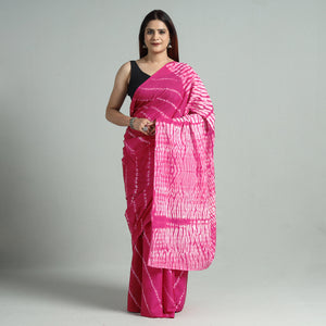 Pink - Shibori Tie-Dye Cotton Saree with Blouse Piece 20