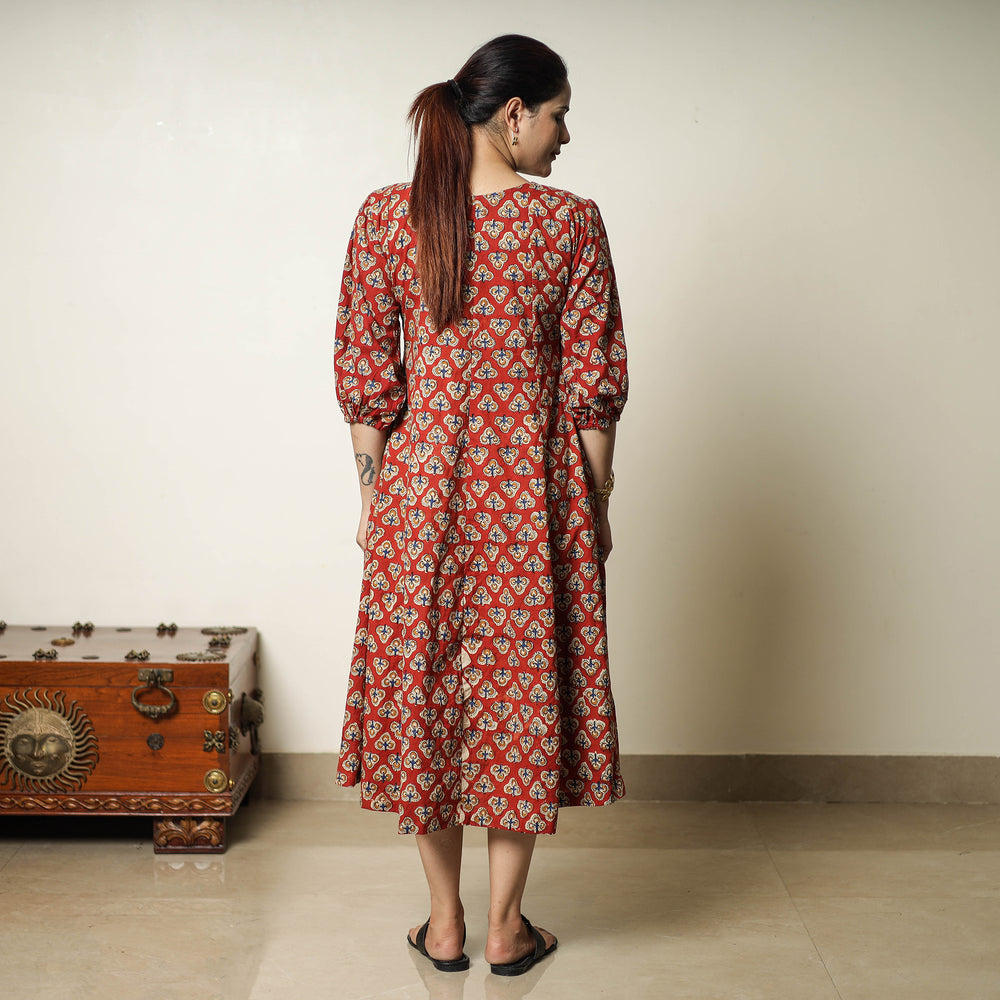 Red - Bagru Block Printed Cotton Flared Dress 04