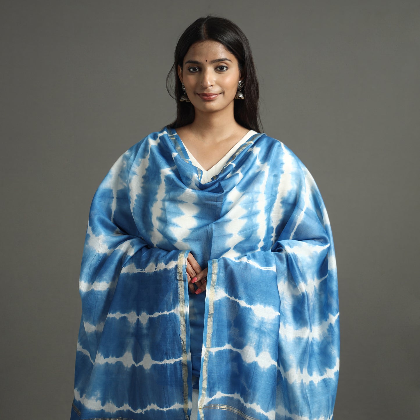 Blue - Shibori Tie-Dye Handloom Chanderi Silk Dupatta with Zari Border 44