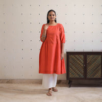 Orange - Handwoven A-Line Stripes Cotton Kurta 25