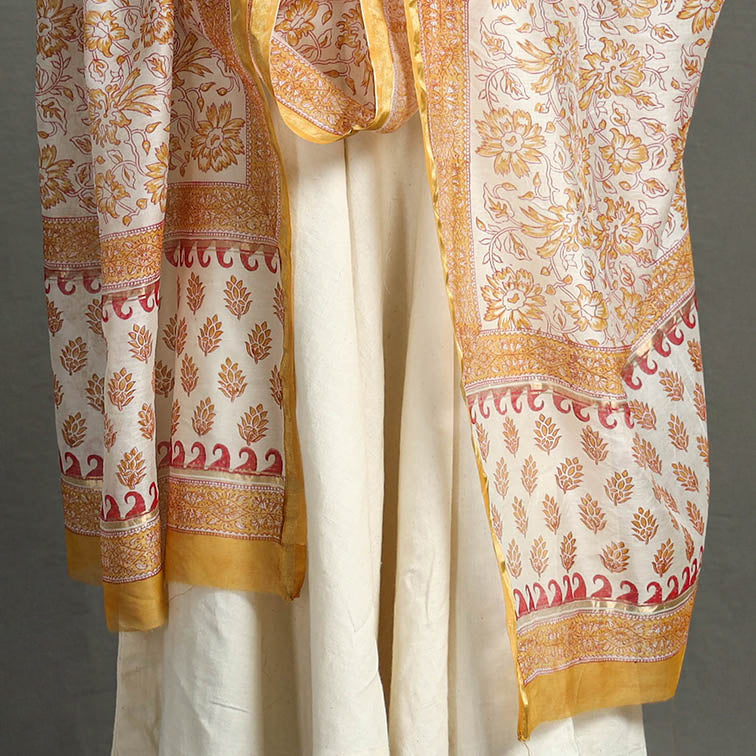 White - Sanganeri Block Printed Chanderi Silk Handloom Zari Dupatta 87