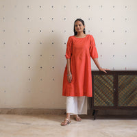 Orange - Handwoven A-Line Stripes Cotton Kurta 25