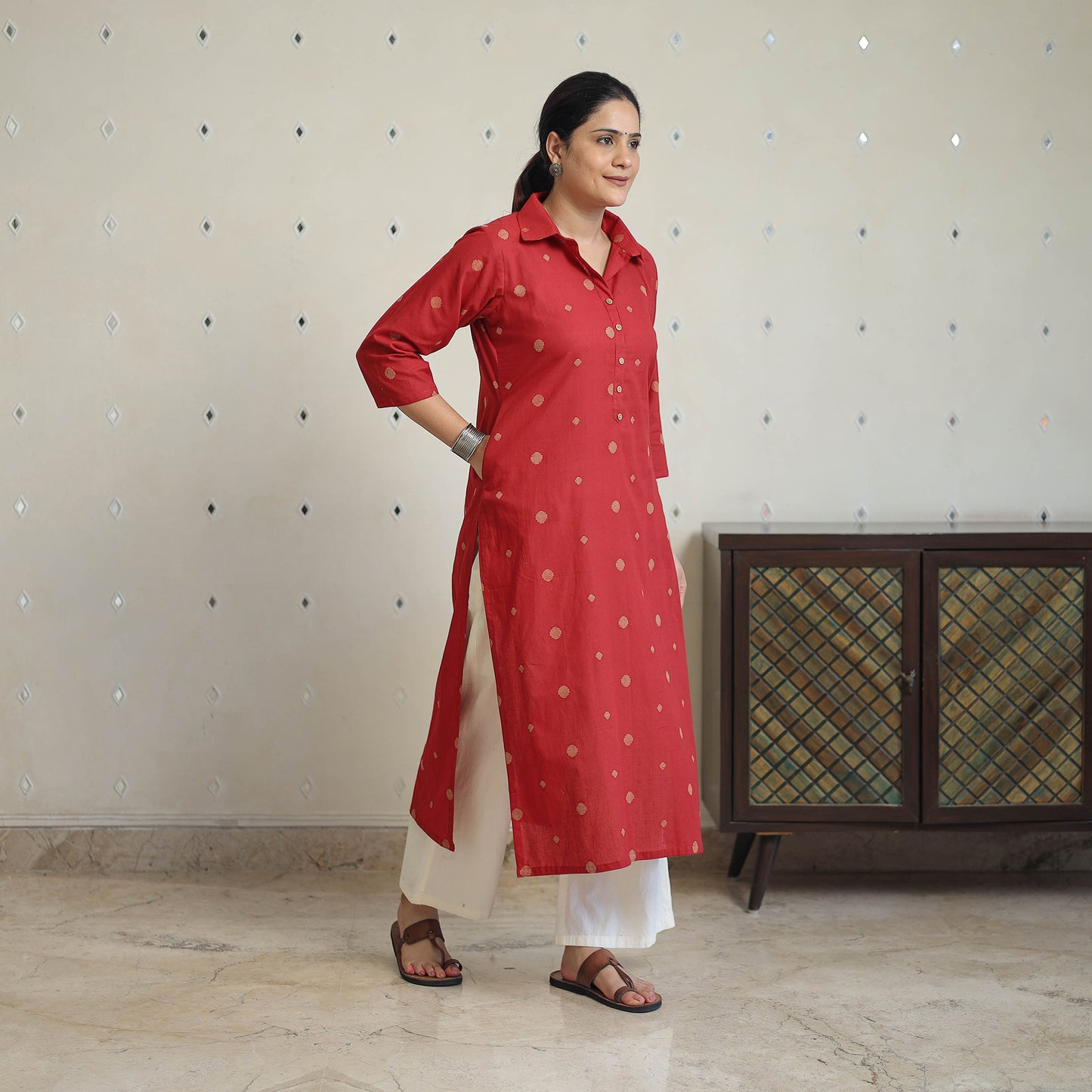 Red - Jacquard Cotton Straight Kurta 09