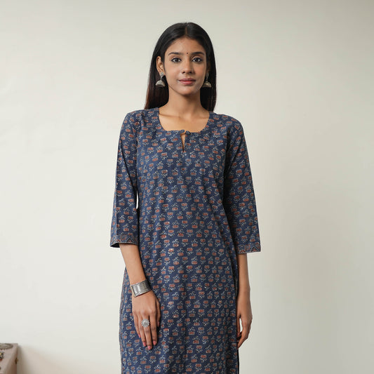 Blue - Block Printed Cotton Straight Ajrakh Kurta 08