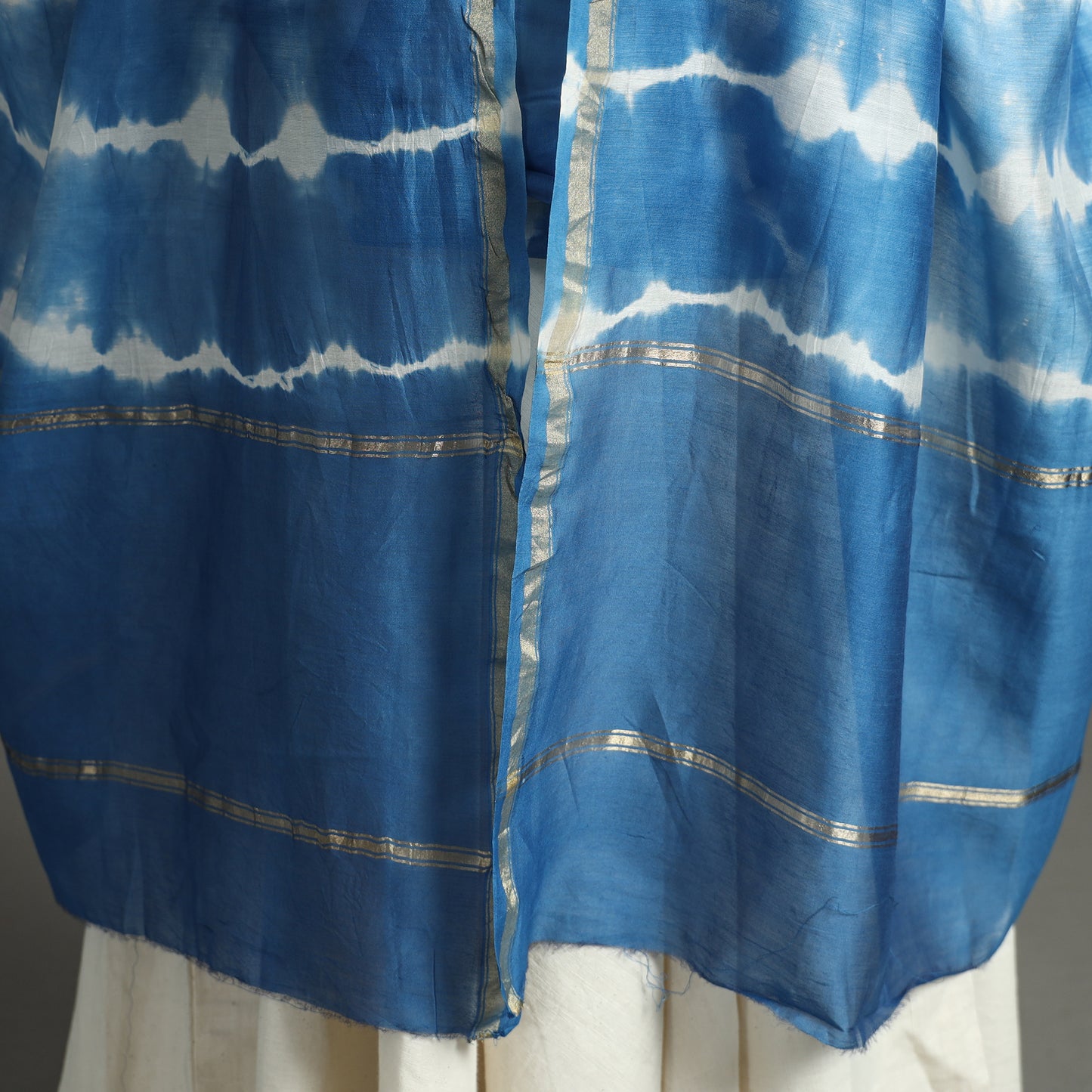 Blue - Shibori Tie-Dye Handloom Chanderi Silk Dupatta with Zari Border 44