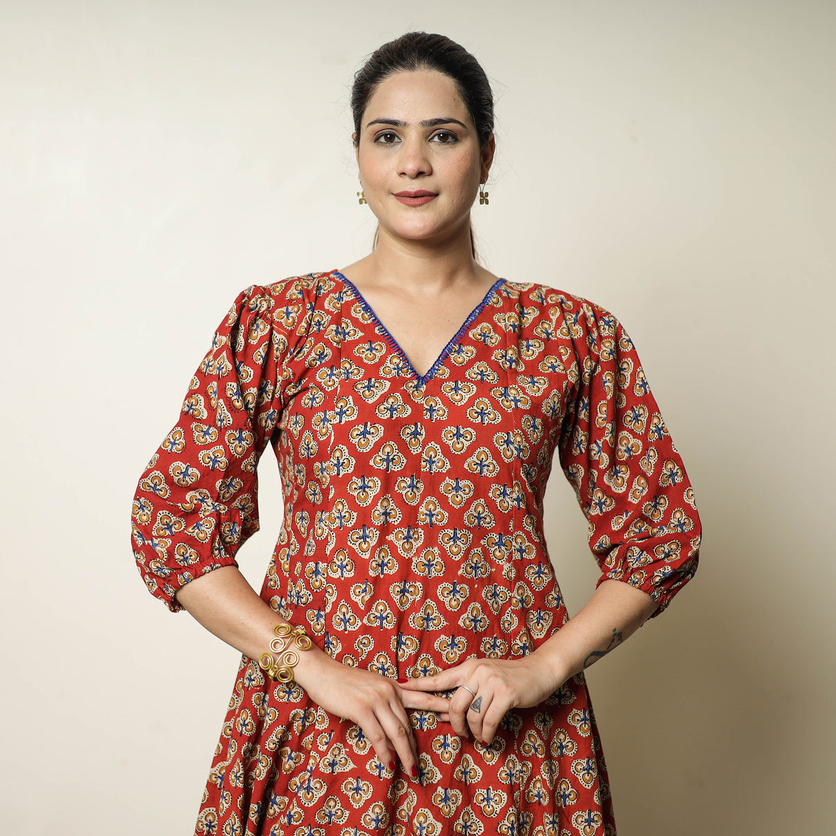 Red - Bagru Block Printed Cotton Flared Dress 04