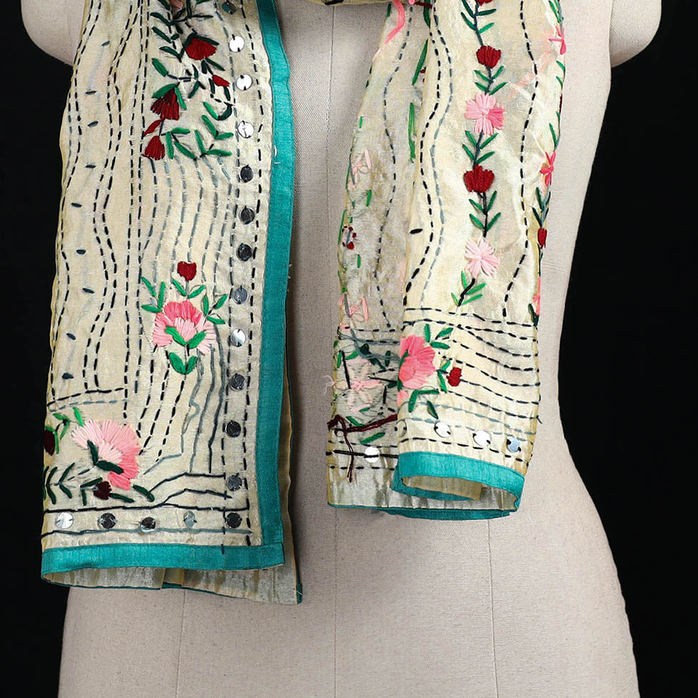 Beige - Ranihati Chanderi Silk Hand Embroidered Stole 138