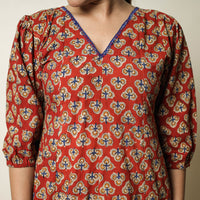 Red - Bagru Block Printed Cotton Flared Dress 04