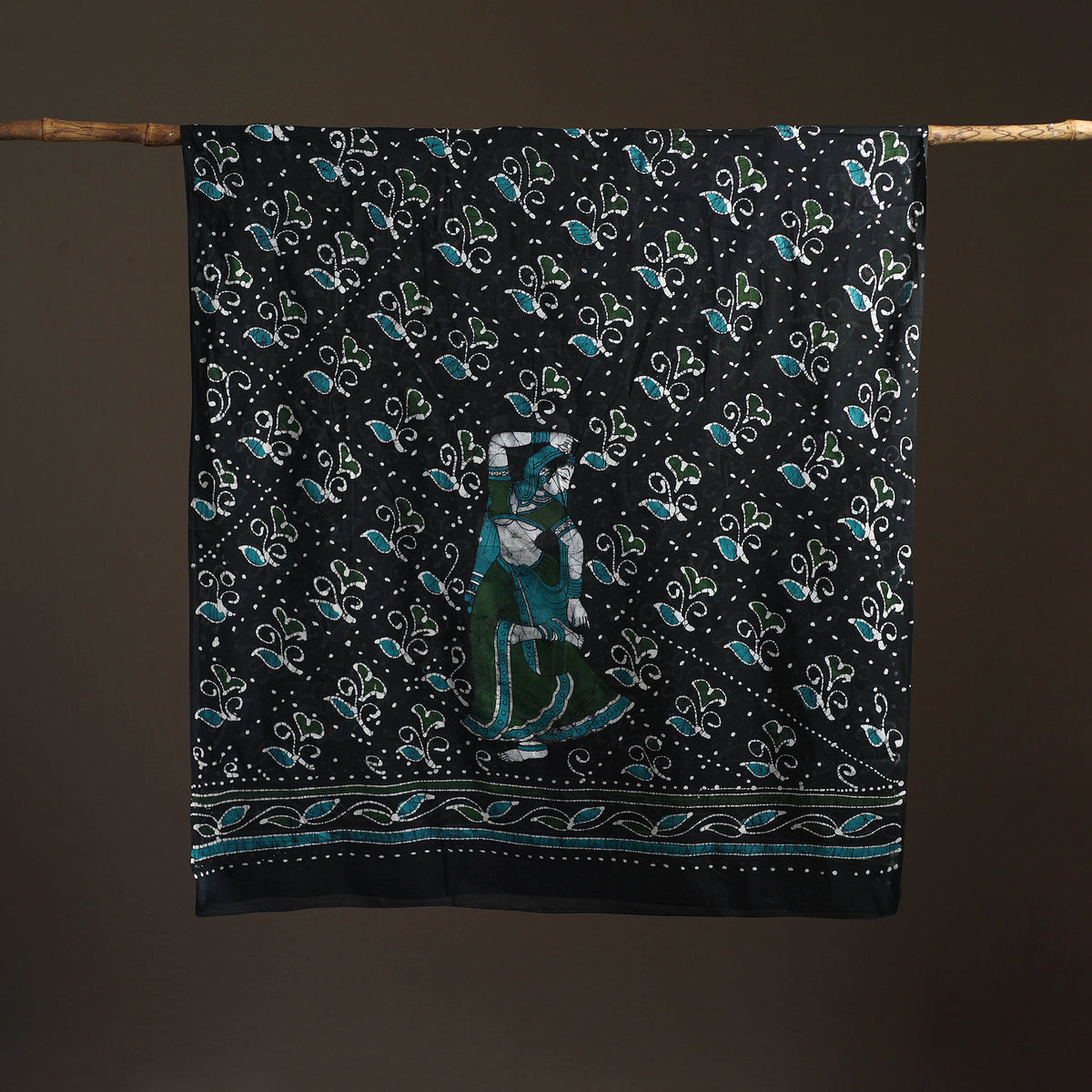 Black - hand batik print cotton dupatta 33 - handcrafted