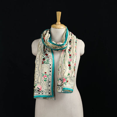 Beige - Ranihati Chanderi Silk Hand Embroidered Stole 138