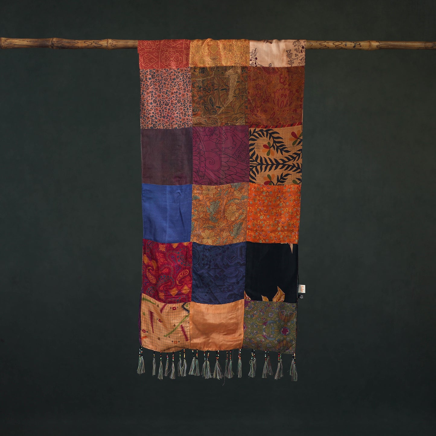 Pure Silk Reversible Patchwork Stole with Tassels 28