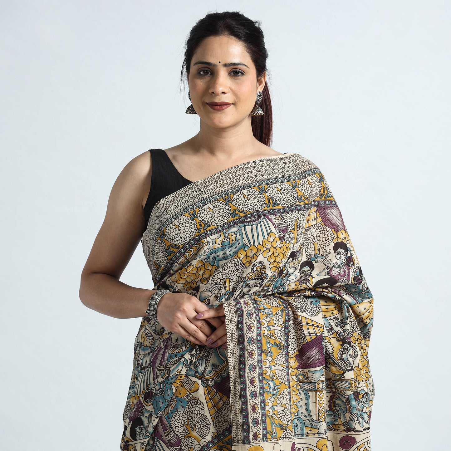 Multicolor - Nellore Kalamkari Printed Cotton Saree with Blouse Piece 03