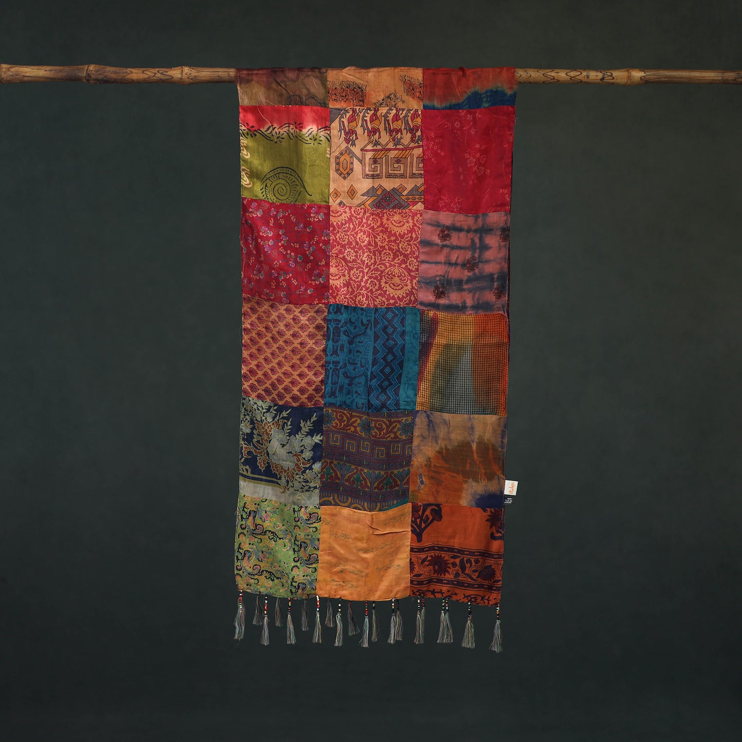 Pure Silk Reversible Patchwork Stole with Tassels 27
