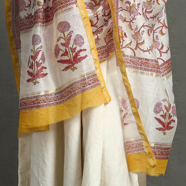 White - Sanganeri Block Printed Chanderi Silk Handloom Zari Dupatta 88