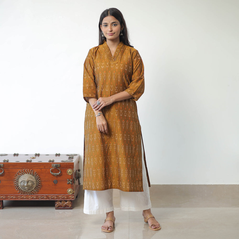 Brown - Mercerised Cotton Pochampally Ikat Kurta (Straight) 14