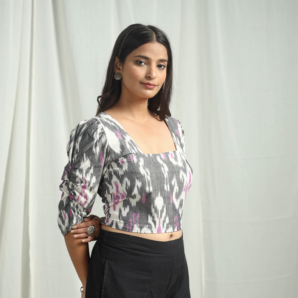 Grey - Handloom Cotton Central Asian Pochampally Ikat Crop Top 11