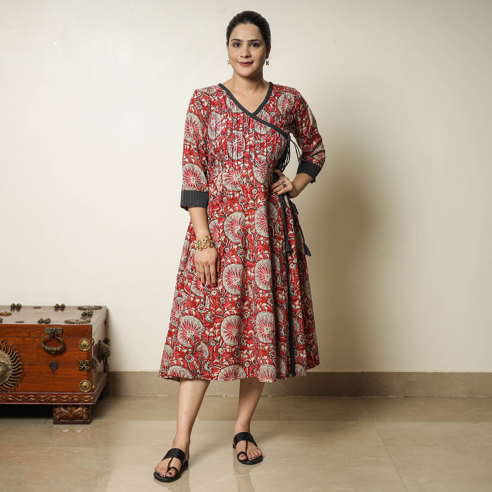 Red - Bagru Block Printed Cotton Angrakha Flared Dress 10