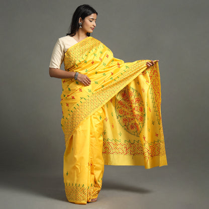 Yellow - Bengal Nakshi Kantha Embroidery Silk Saree