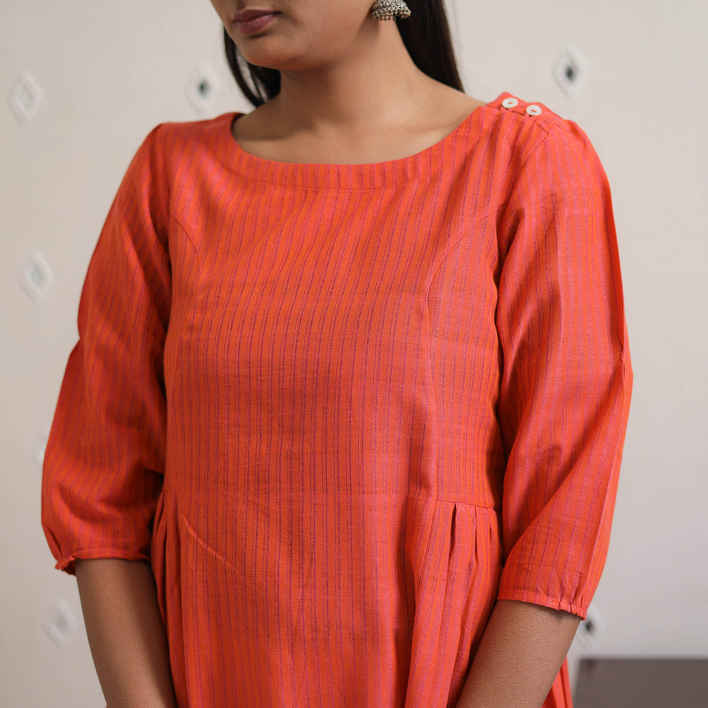 Orange - Handwoven A-Line Stripes Cotton Kurta 25