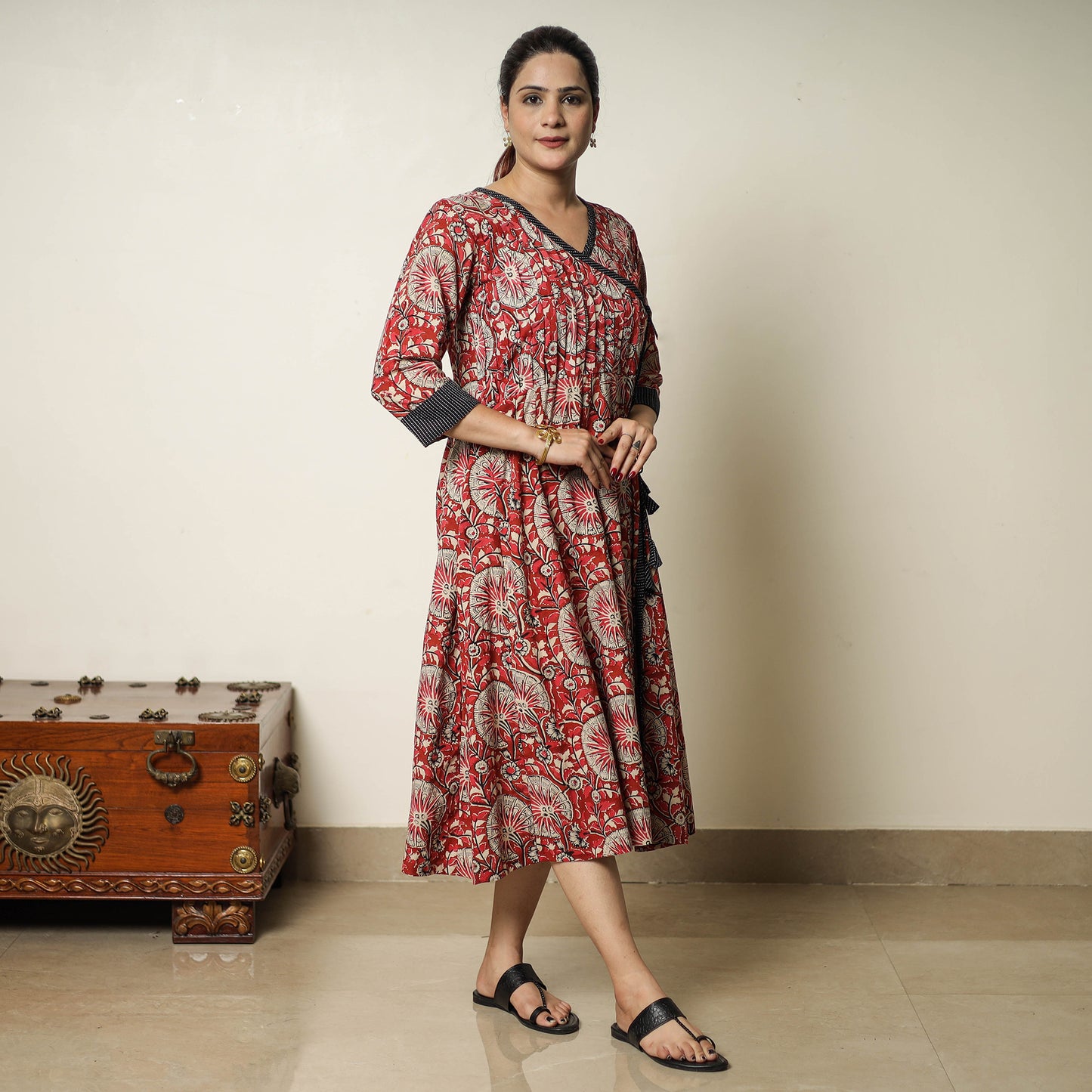 Red - Bagru Block Printed Cotton Angrakha Flared Dress 10