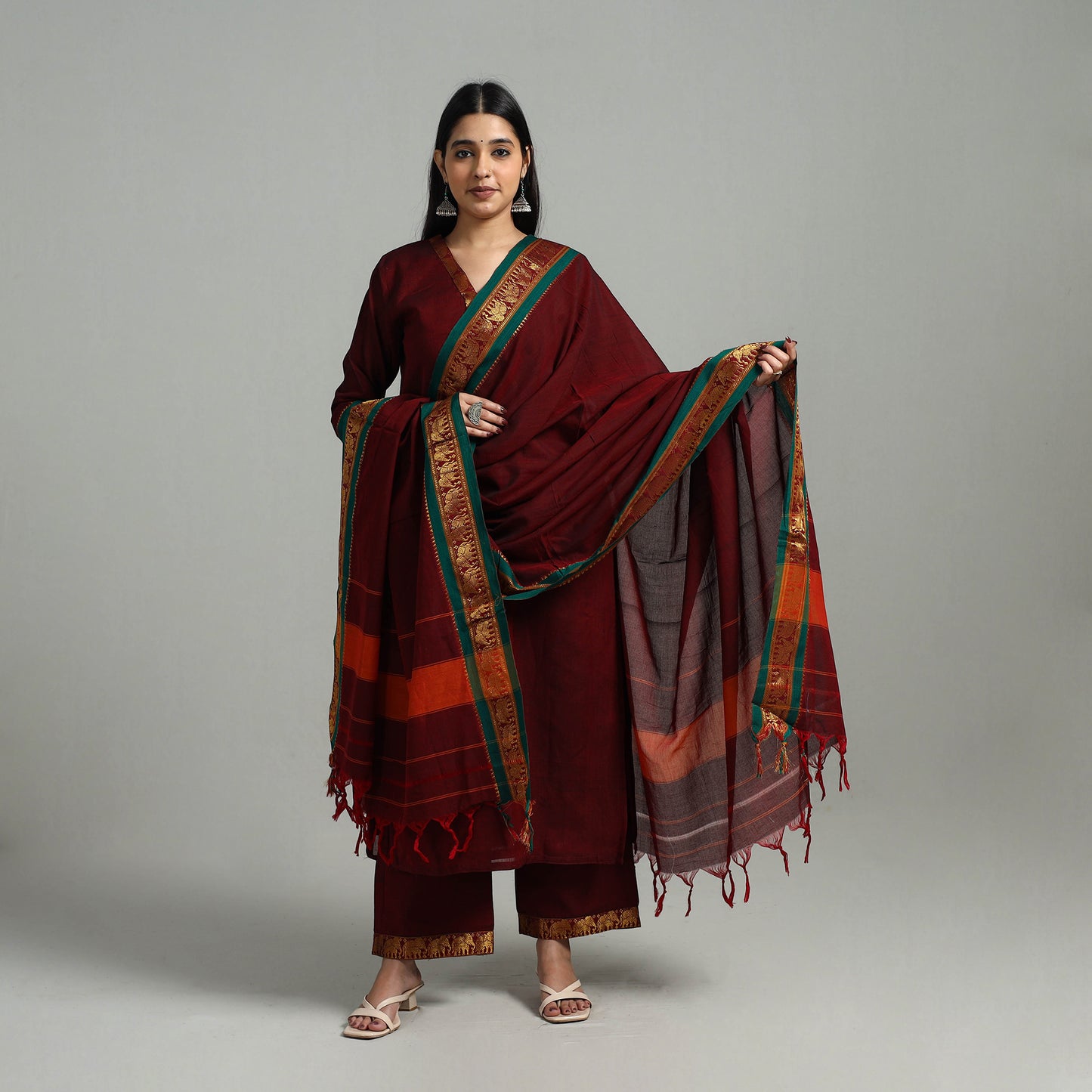 Maroon - Cotton Dharwad Kurta Set with Palazzo & Dupatta 11