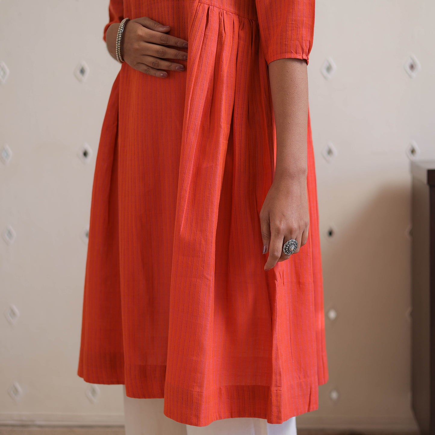 Orange - Handwoven A-Line Stripes Cotton Kurta 25