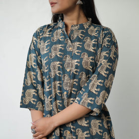 Green - Printed Cotton A-Line Kalamkari Kurta 11