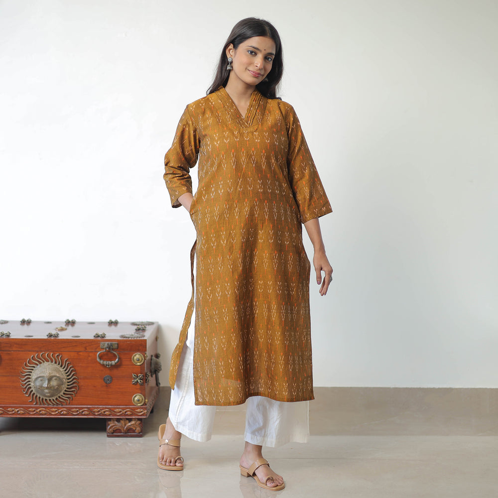 Brown - Mercerised Cotton Pochampally Ikat Kurta (Straight) 14