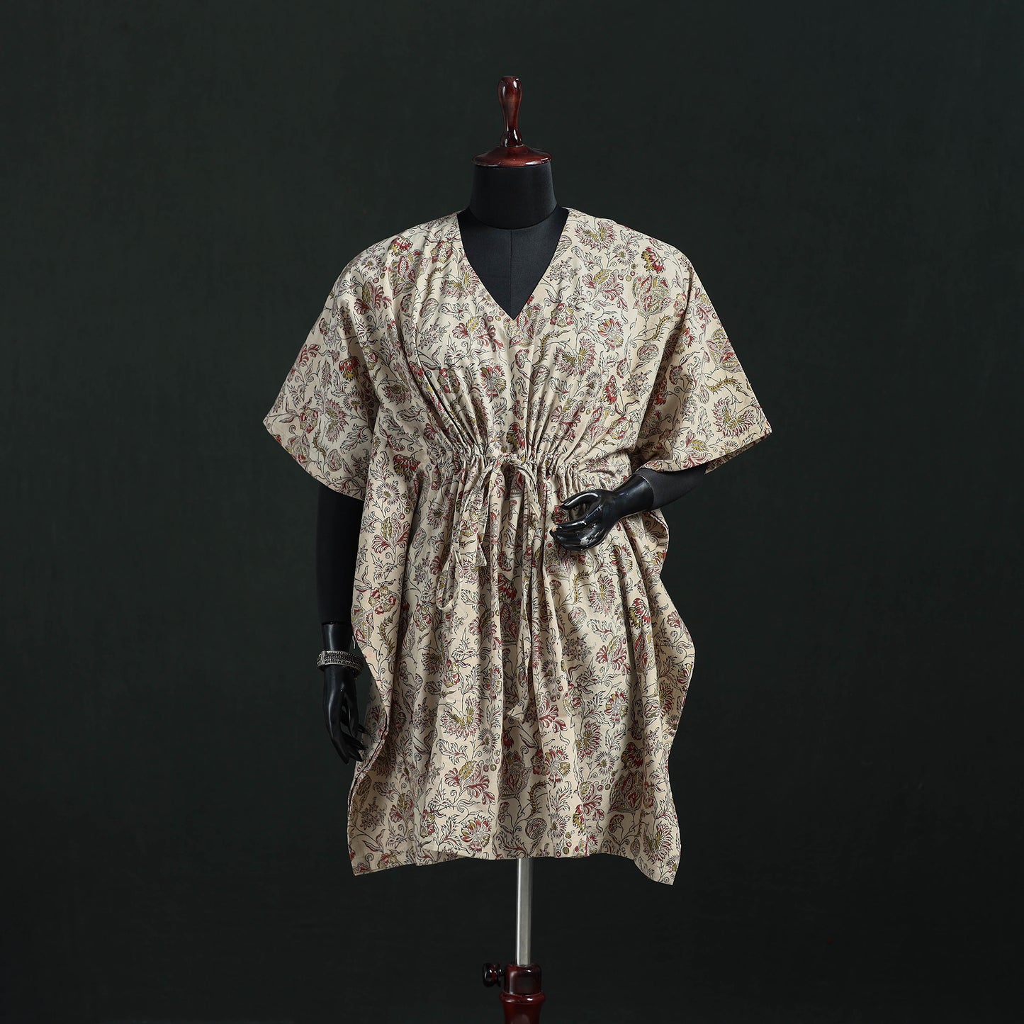 Beige - Kalamkari Hand Block Print Natural Dyed Cotton Kaftan (Medium) 13
