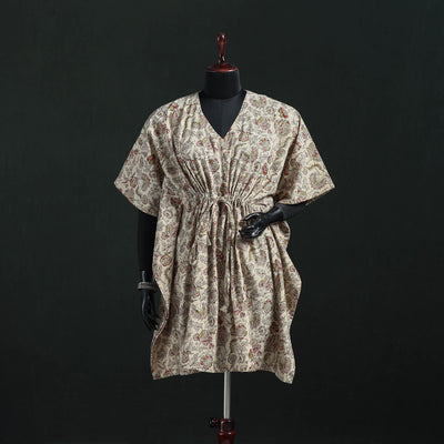 Beige - Kalamkari Hand Block Print Natural Dyed Cotton Kaftan (Medium) 13