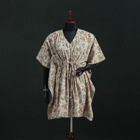 Beige - Kalamkari Hand Block Print Natural Dyed Cotton Kaftan (Medium) 13