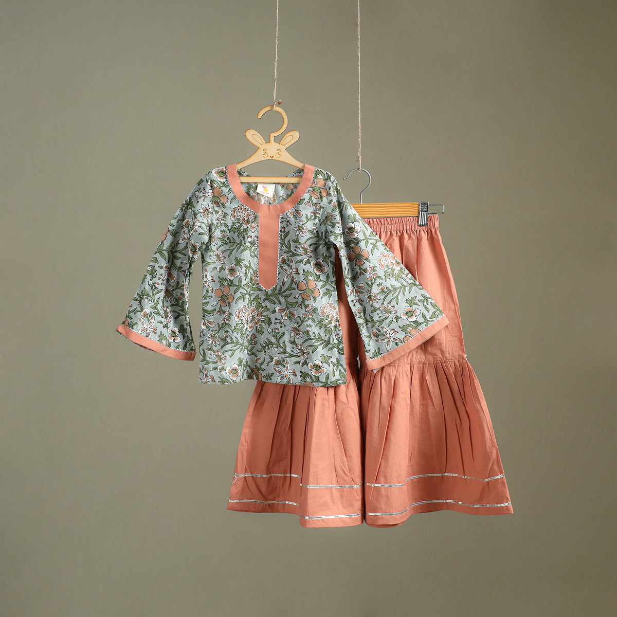 Girls Gota Work Floral Block Print Cotton Kurta with Sharara Set (3-4 Years) 40