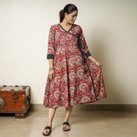 Red - Bagru Block Printed Cotton Angrakha Flared Dress 10