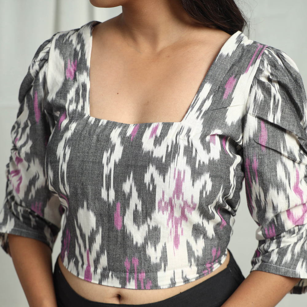 Grey - Handloom Cotton Central Asian Pochampally Ikat Crop Top 11