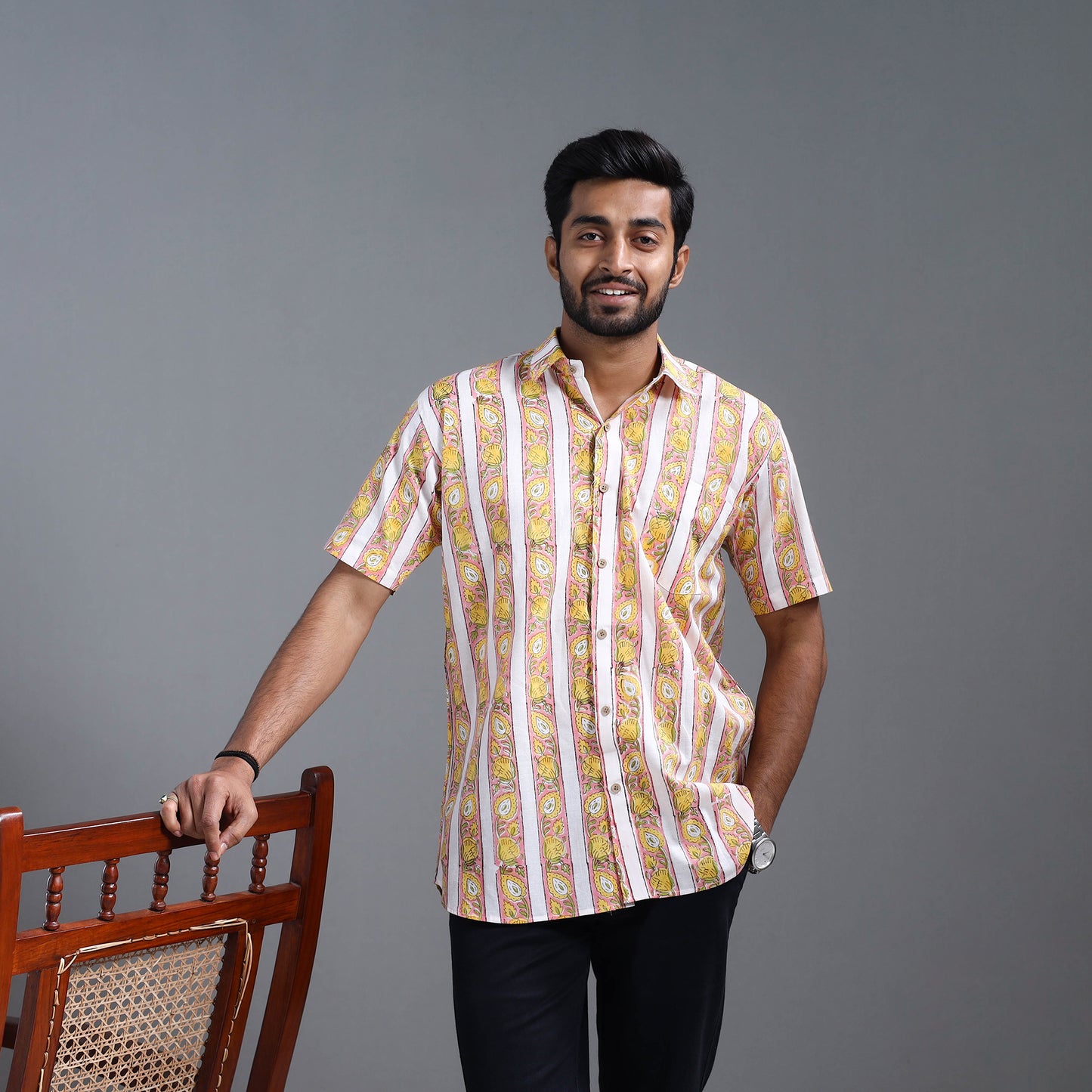 Multicolor - Sanganeri Block Printed Cotton Men Half Sleeve Shirt 04