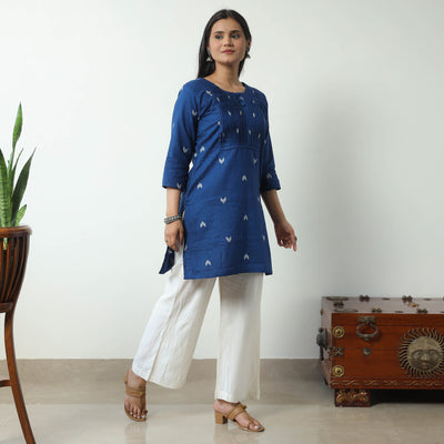 Blue - Jacquard Cotton Pintuck Short Kurta 33