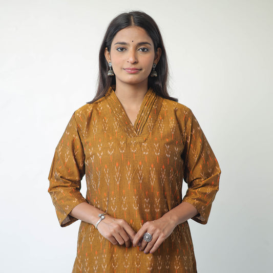 Brown - Mercerised Cotton Pochampally Ikat Kurta (Straight) 14