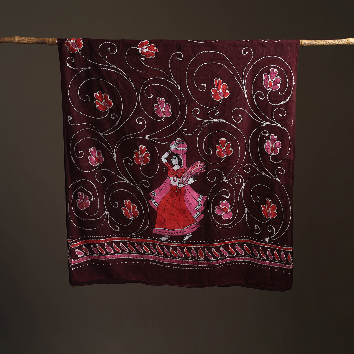 Maroon - hand batik print cotton dupatta 48 - handcrafted
