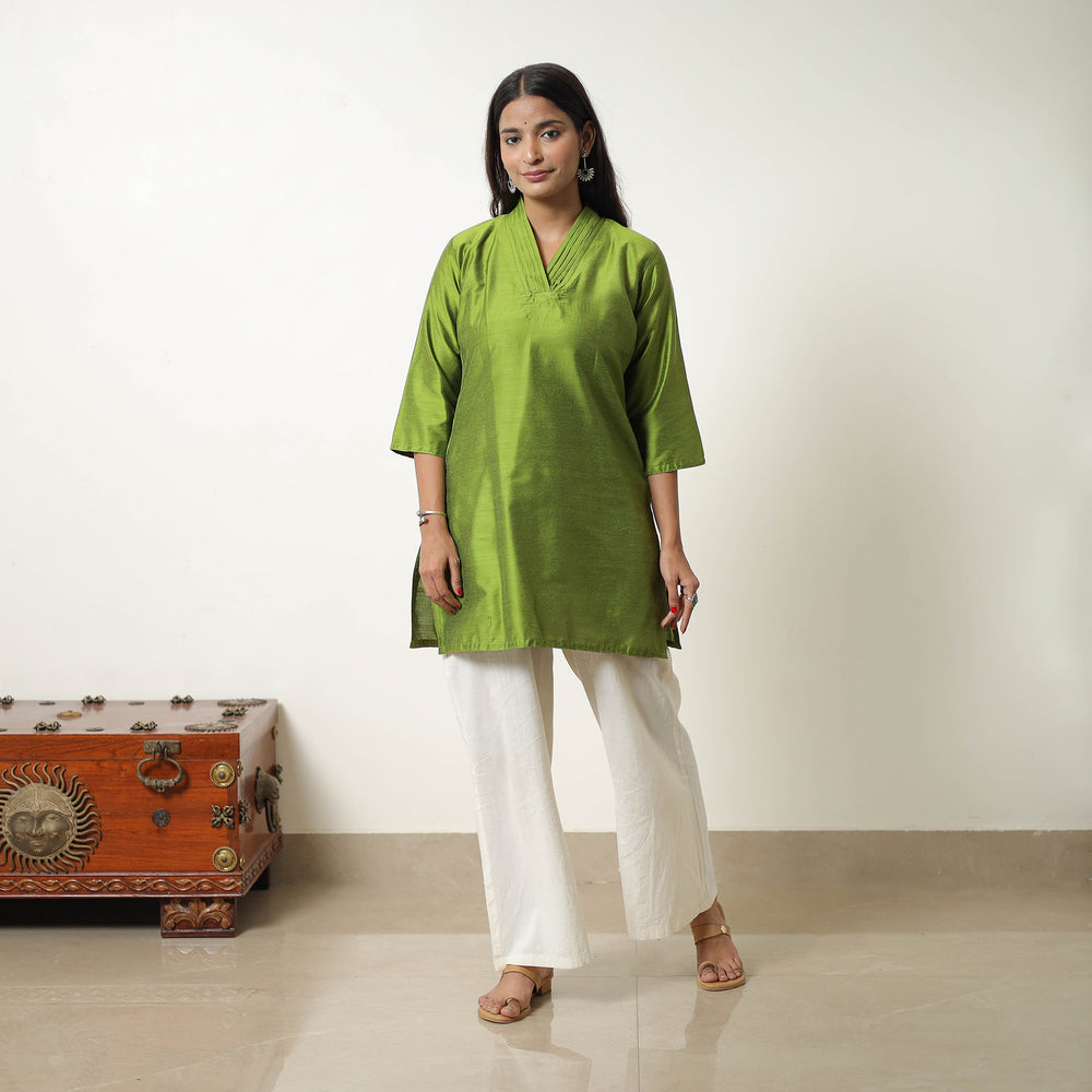 Aaliya Green Slub Silk Short Plain Kurta