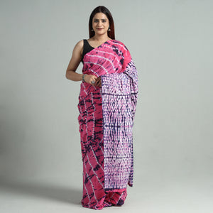 Pink - Shibori Tie-Dye Cotton Saree with Blouse Piece 21