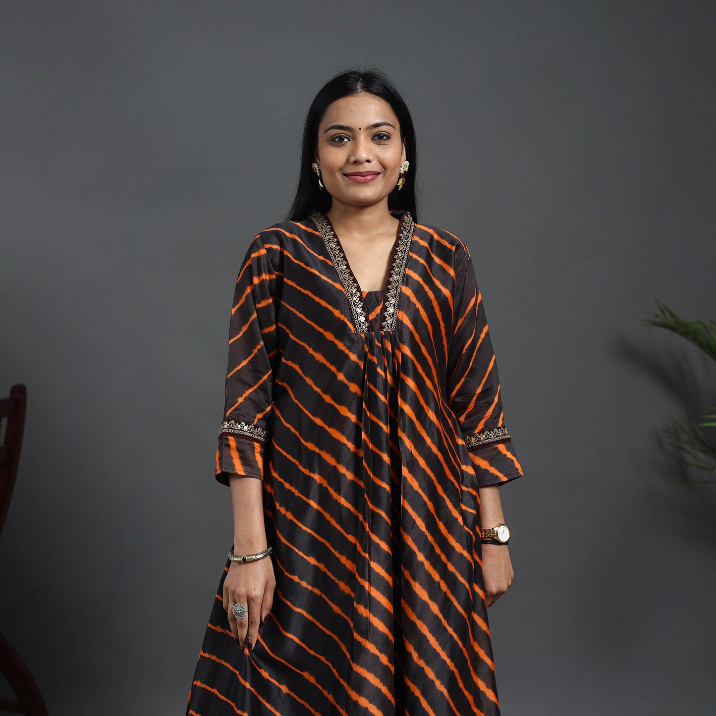 Chanderi Silk A-Line Lacework Tie-Dye Leheriya Kurta 07