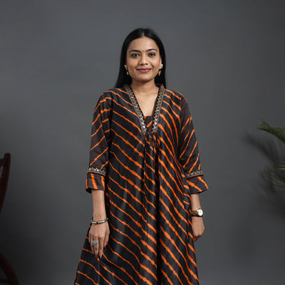 Chanderi Silk A-Line Lacework Tie-Dye Leheriya Kurta 07