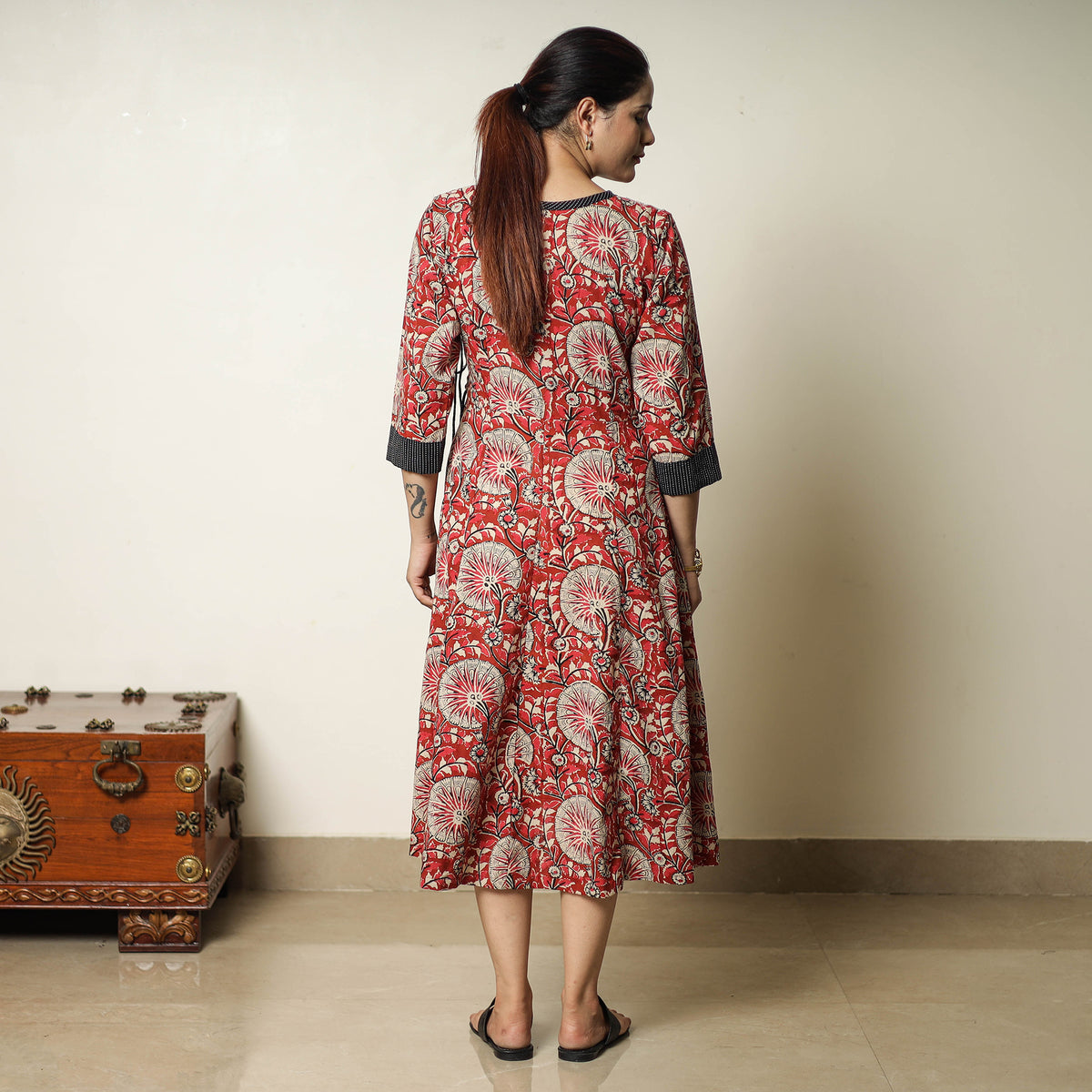 Red - Bagru Block Printed Cotton Angrakha Flared Dress 10